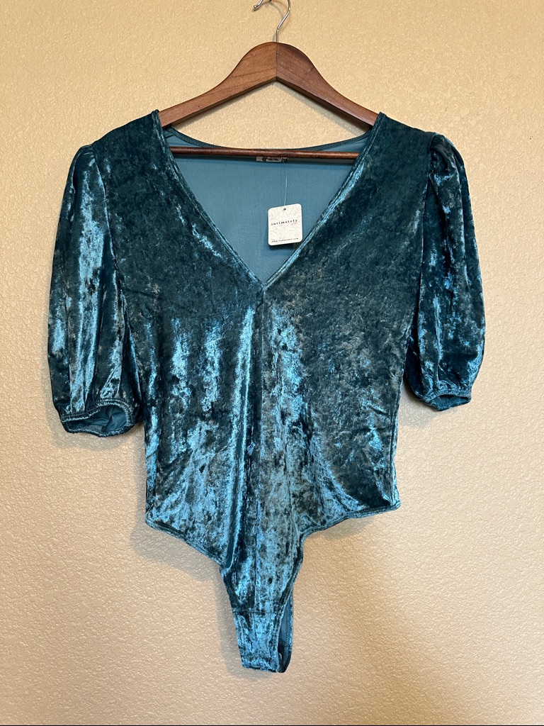 Crushed Velvet V-Neck Puff Sleeve Bodysuit - Teal